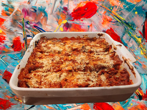 Baked Lasagne with flower background